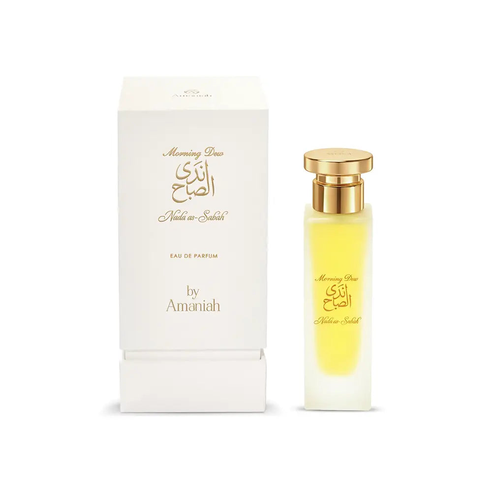 Perfume bottle and packaging with gold and white design on a white background